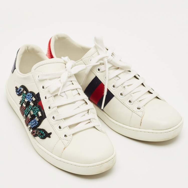 Pre Owned Gucci White Snakeskin Embossed and Leather Ace Low Top Sneakers Size 36
