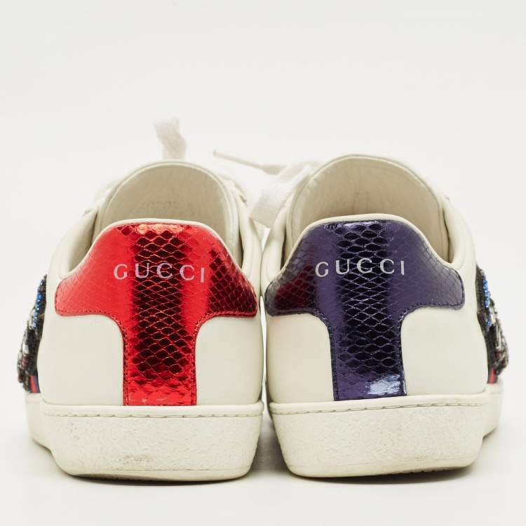 Pre Owned Gucci White Snakeskin Embossed and Leather Ace Low Top Sneakers Size 36