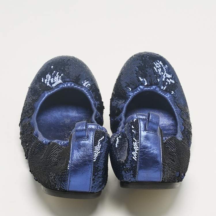 Pre Owned Gucci Metallic Blue Leather and Sequins Embellish Scrunch Ballet Flats Size 39