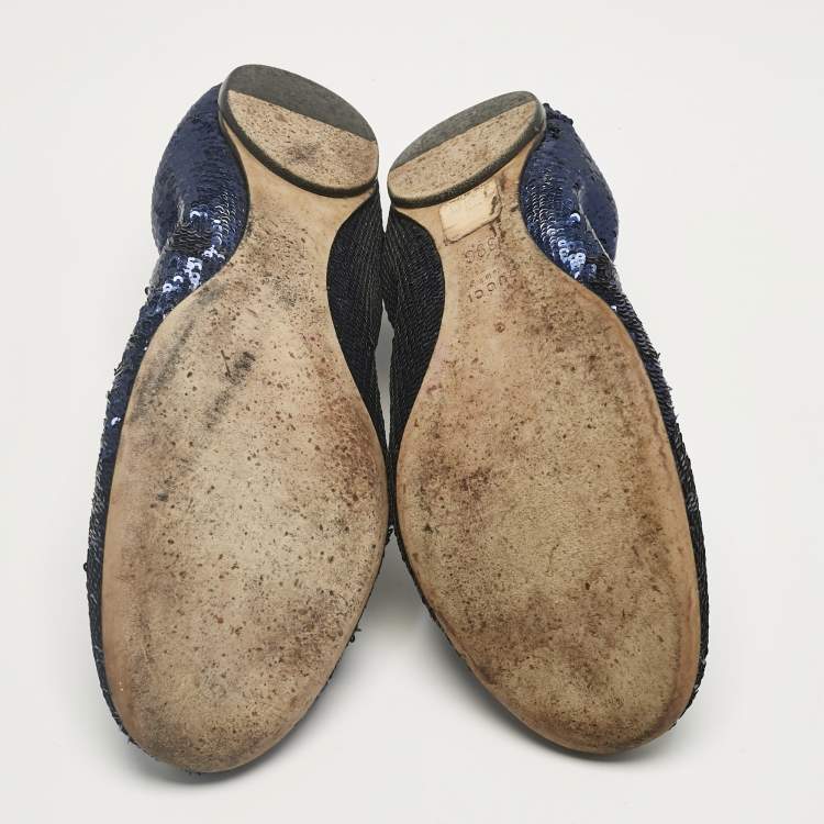 Pre Owned Gucci Metallic Blue Leather and Sequins Embellish Scrunch Ballet Flats Size 39