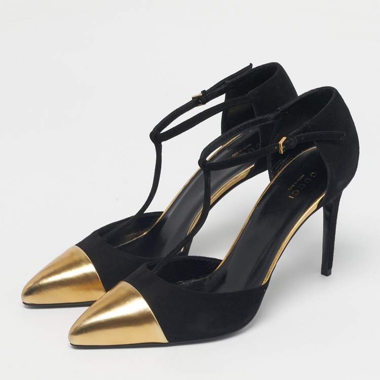 Pre Owned Gucci Black/Gold Leather and Suede Coline T-Strap Pumps Size 39