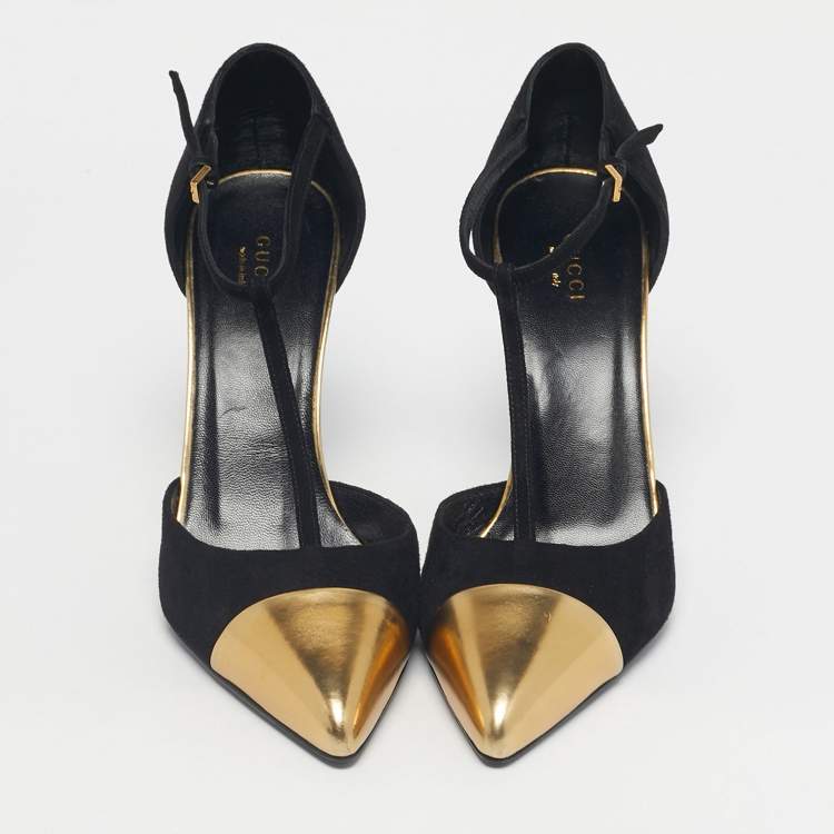 Pre Owned Gucci Black/Gold Leather and Suede Coline T-Strap Pumps Size 39