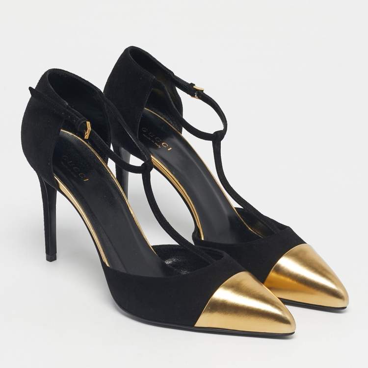 Pre Owned Gucci Black/Gold Leather and Suede Coline T-Strap Pumps Size 39