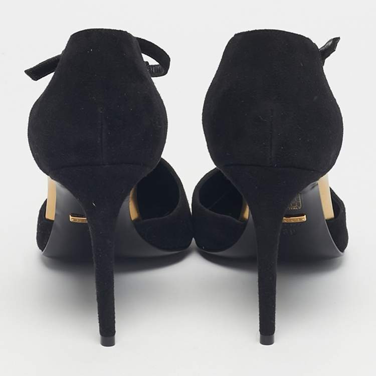 Pre Owned Gucci Black/Gold Leather and Suede Coline T-Strap Pumps Size 39