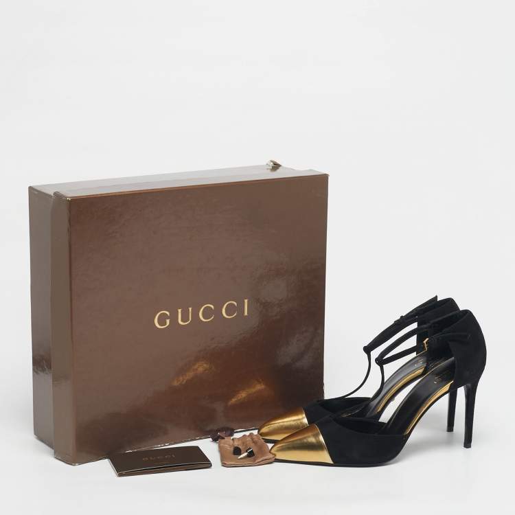 Pre Owned Gucci Black/Gold Leather and Suede Coline T-Strap Pumps Size 39
