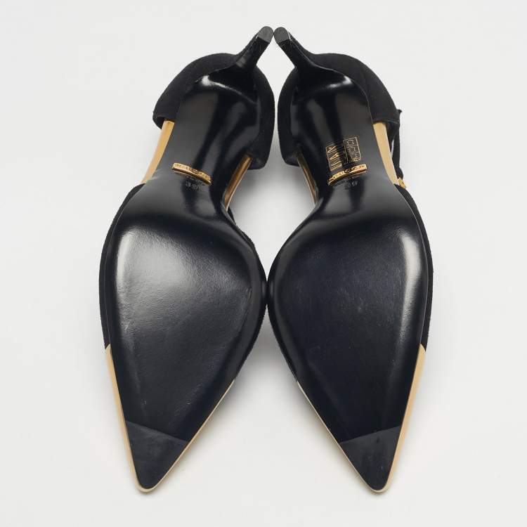 Pre Owned Gucci Black/Gold Leather and Suede Coline T-Strap Pumps Size 39