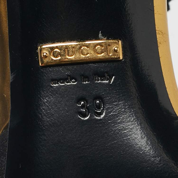 Pre Owned Gucci Black/Gold Leather and Suede Coline T-Strap Pumps Size 39
