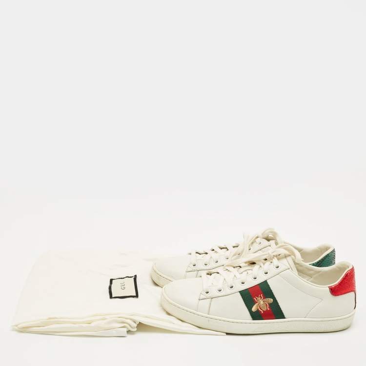 Pre Owned Gucci White Snakeskin Embossed Leather Ace Lace Up Sneakers Size 38