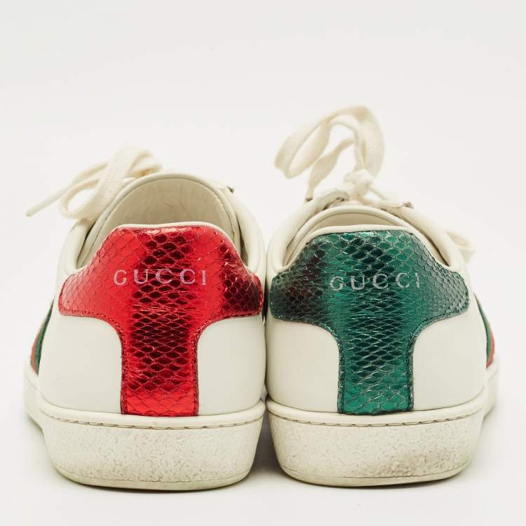 Pre Owned Gucci White Snakeskin Embossed Leather Ace Lace Up Sneakers Size 38