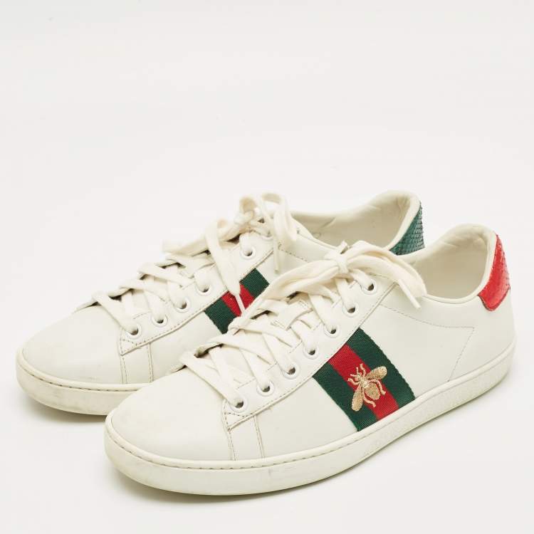 Pre Owned Gucci White Snakeskin Embossed Leather Ace Lace Up Sneakers Size 38