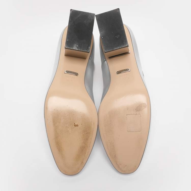 Pre Owned Gucci Silver Metalic Leather Crystal Square G Ankle Strap Pumps Size 38.5