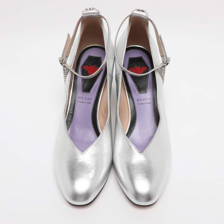 Pre Owned Gucci Silver Metalic Leather Crystal Square G Ankle Strap Pumps Size 38.5