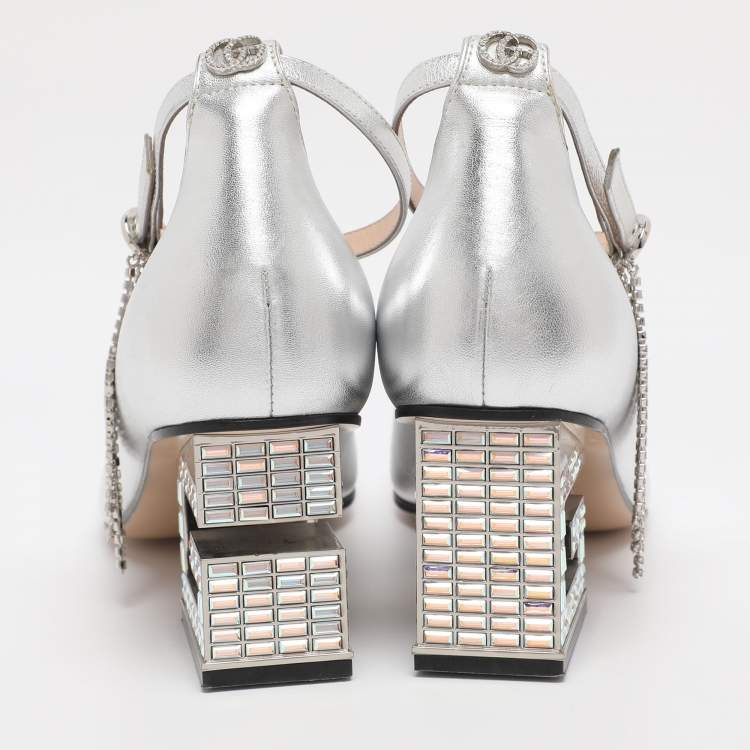 Pre Owned Gucci Silver Metalic Leather Crystal Square G Ankle Strap Pumps Size 38.5