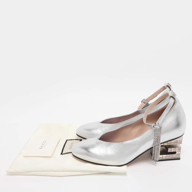 Pre Owned Gucci Silver Metalic Leather Crystal Square G Ankle Strap Pumps Size 38.5