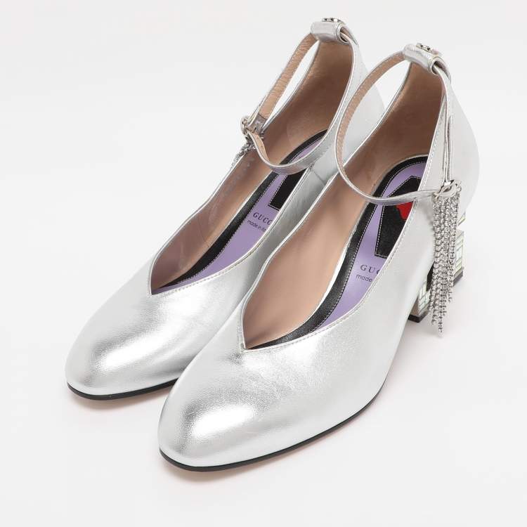 Pre Owned Gucci Silver Metalic Leather Crystal Square G Ankle Strap Pumps Size 38.5