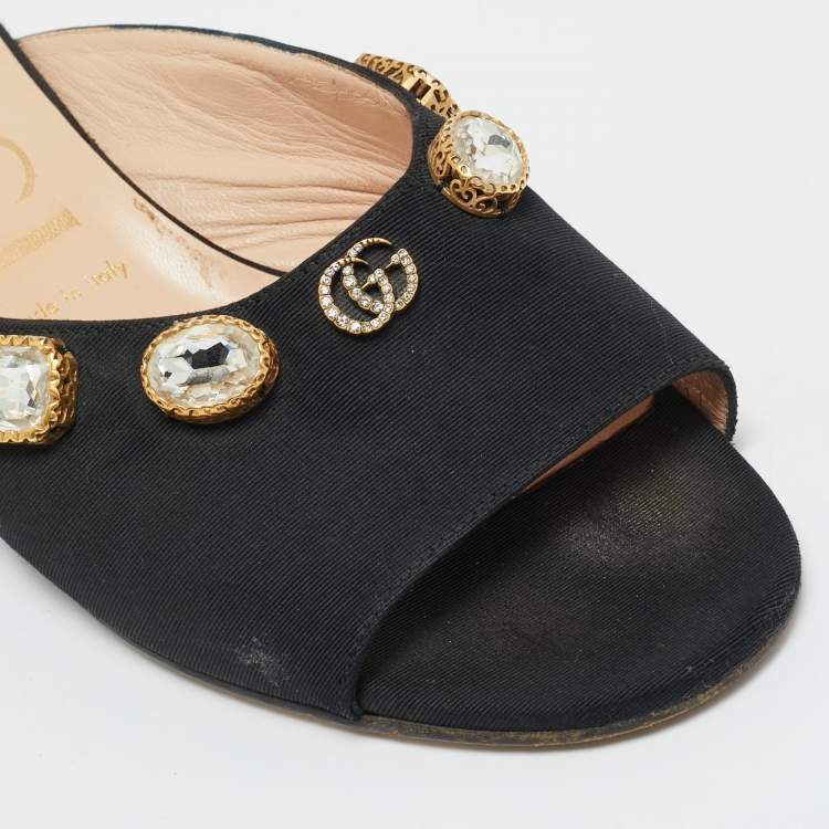 Pre Owned Gucci Black Fabric Crystal Embellished Slide Open Toe Mules Size 39