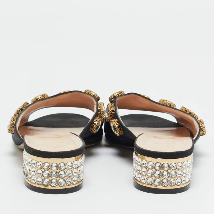 Pre Owned Gucci Black Fabric Crystal Embellished Slide Open Toe Mules Size 39