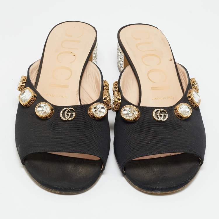 Pre Owned Gucci Black Fabric Crystal Embellished Slide Open Toe Mules Size 39