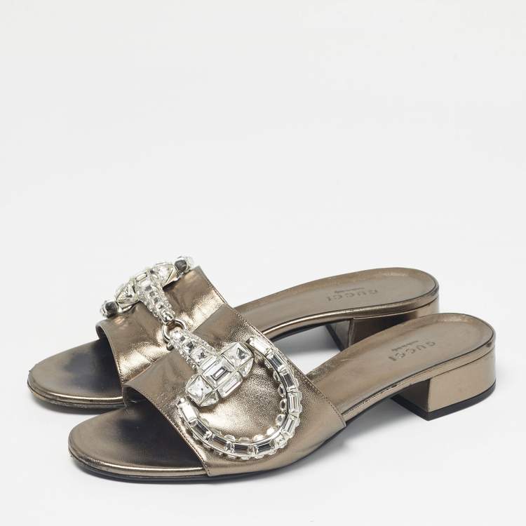 Pre Owned Gucci Metallic Leather Maxime Slide Sandals Size 38.5