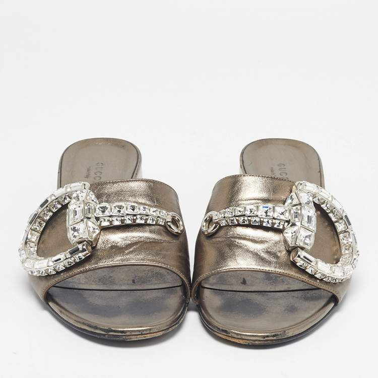 Pre Owned Gucci Metallic Leather Maxime Slide Sandals Size 38.5