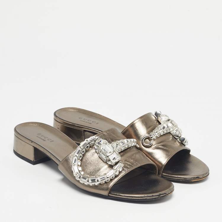 Pre Owned Gucci Metallic Leather Maxime Slide Sandals Size 38.5