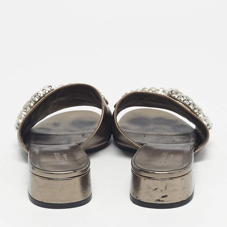 Pre Owned Gucci Metallic Leather Maxime Slide Sandals Size 38.5