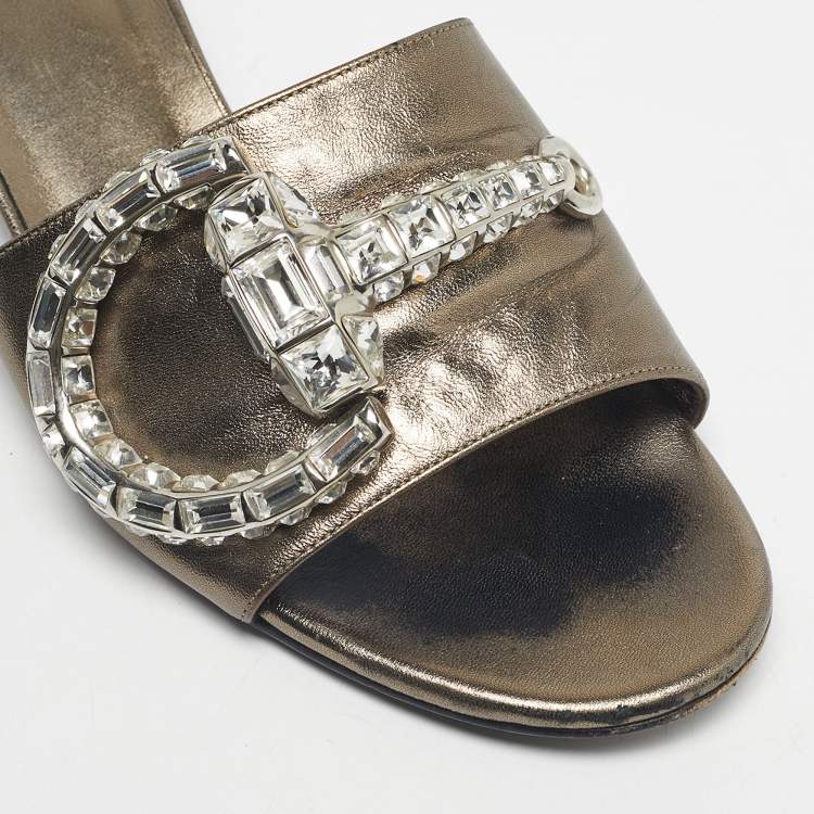 Pre Owned Gucci Metallic Leather Maxime Slide Sandals Size 38.5