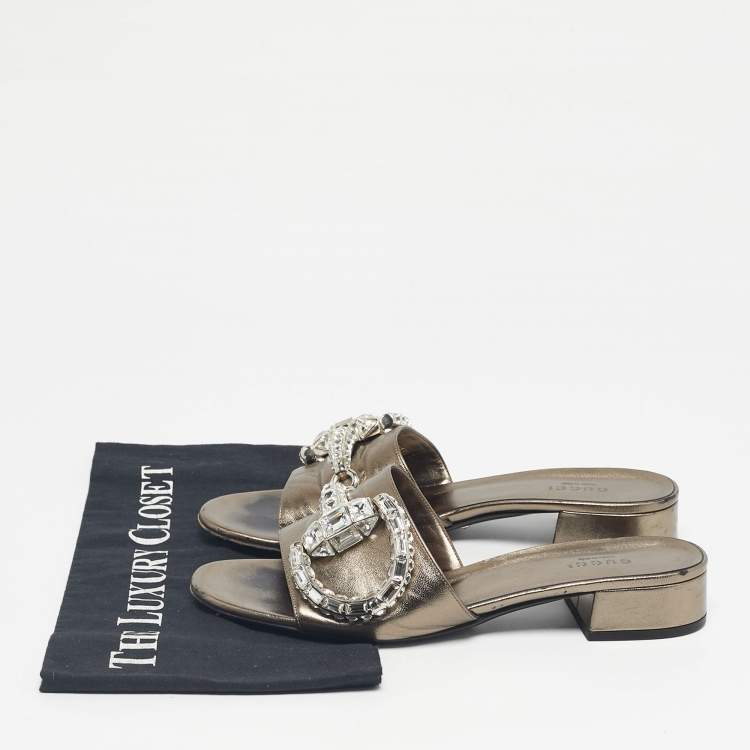 Pre Owned Gucci Metallic Leather Maxime Slide Sandals Size 38.5