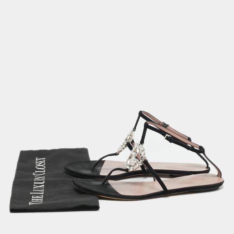Pre Owned Gucci Black Suede GG Interlocking Crystal Embellished Ankle Strap Flat Sandals Size 39