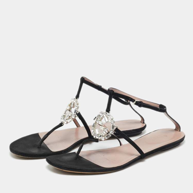 Pre Owned Gucci Black Suede GG Interlocking Crystal Embellished Ankle Strap Flat Sandals Size 39