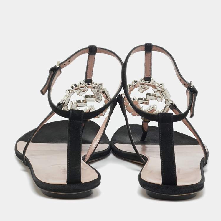 Pre Owned Gucci Black Suede GG Interlocking Crystal Embellished Ankle Strap Flat Sandals Size 39
