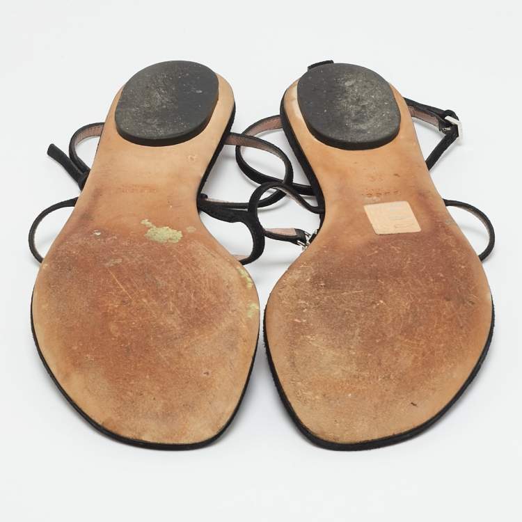 Pre Owned Gucci Black Suede GG Interlocking Crystal Embellished Ankle Strap Flat Sandals Size 39