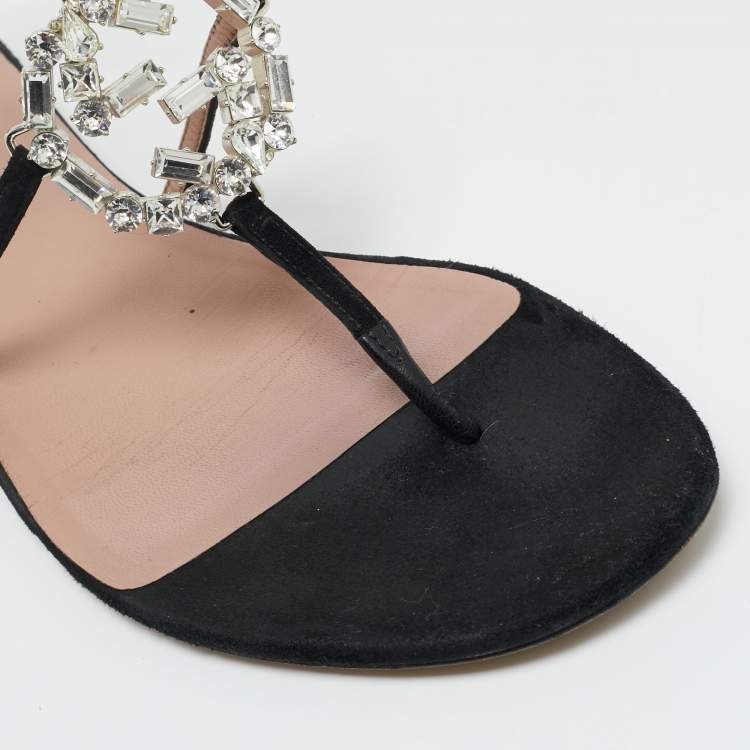 Pre Owned Gucci Black Suede GG Interlocking Crystal Embellished Ankle Strap Flat Sandals Size 39