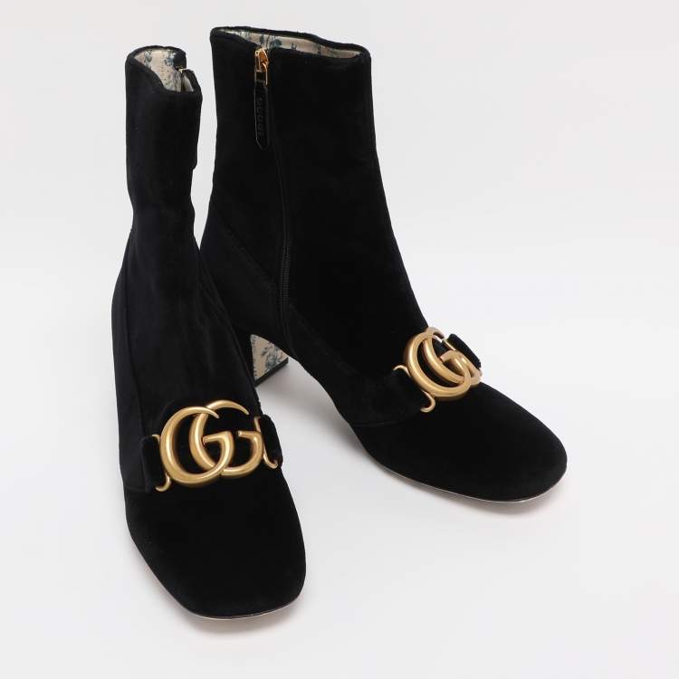 Pre Owned Gucci Black Velvet GG Marmont Mid Calf Boots Size 39