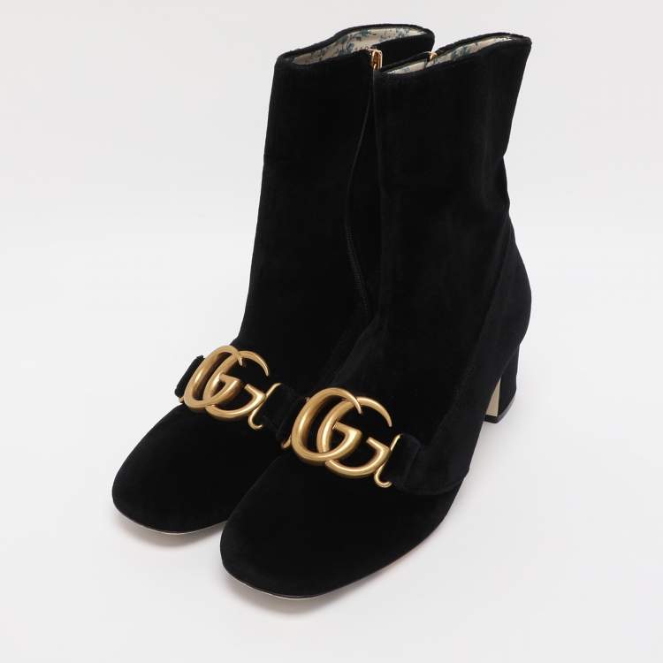 Pre Owned Gucci Black Velvet GG Marmont Mid Calf Boots Size 39