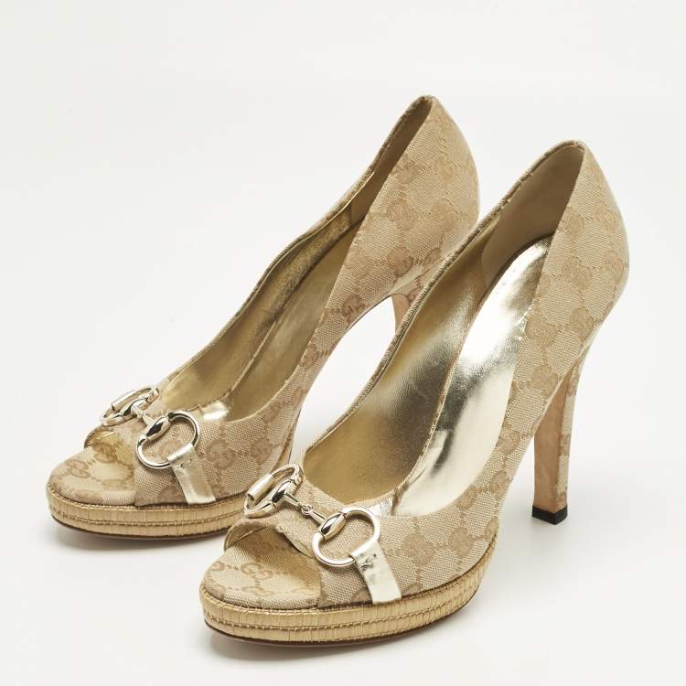 Pre Owned Gucci Beige Guccissima Canvas Horsebit Peep Toe Platform Pumps Size 40