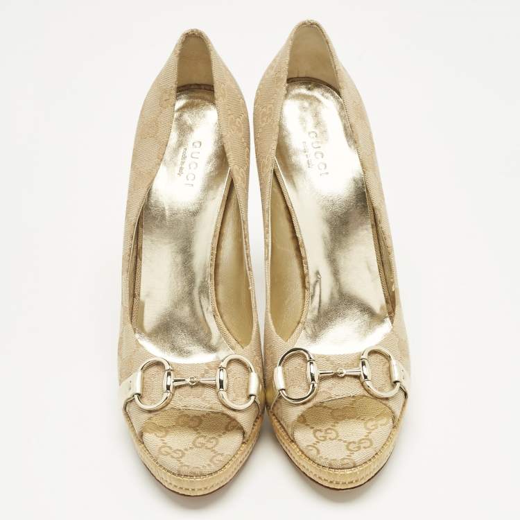 Pre Owned Gucci Beige Guccissima Canvas Horsebit Peep Toe Platform Pumps Size 40
