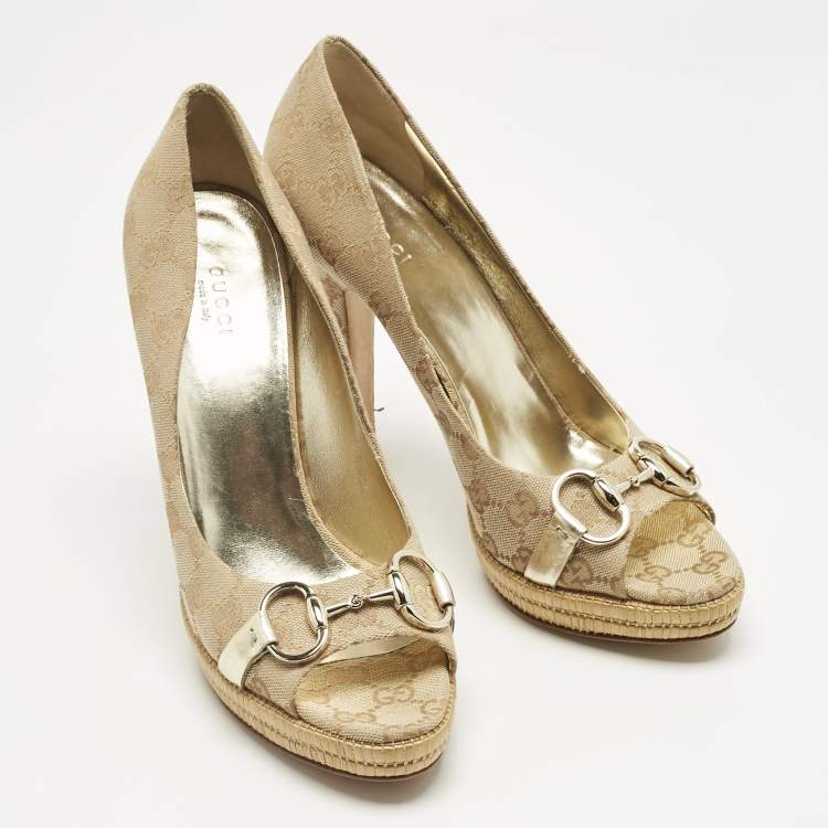 Pre Owned Gucci Beige Guccissima Canvas Horsebit Peep Toe Platform Pumps Size 40