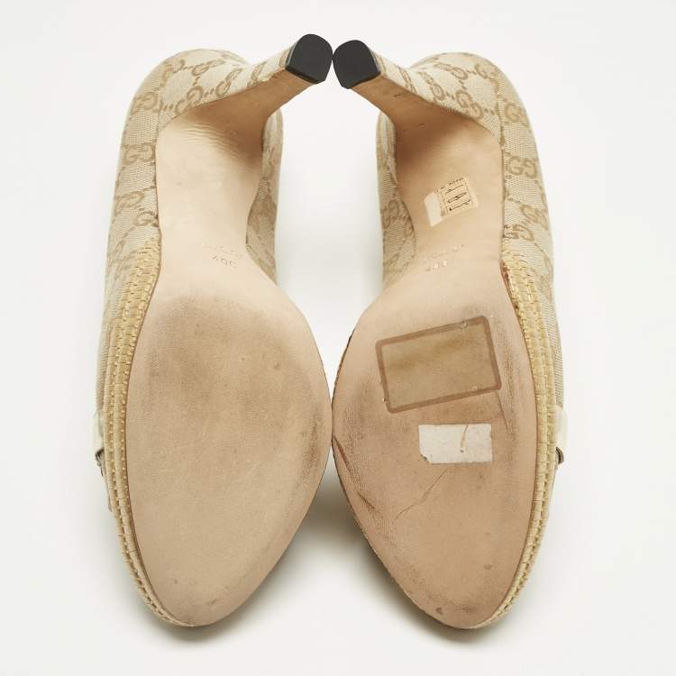 Pre Owned Gucci Beige Guccissima Canvas Horsebit Peep Toe Platform Pumps Size 40