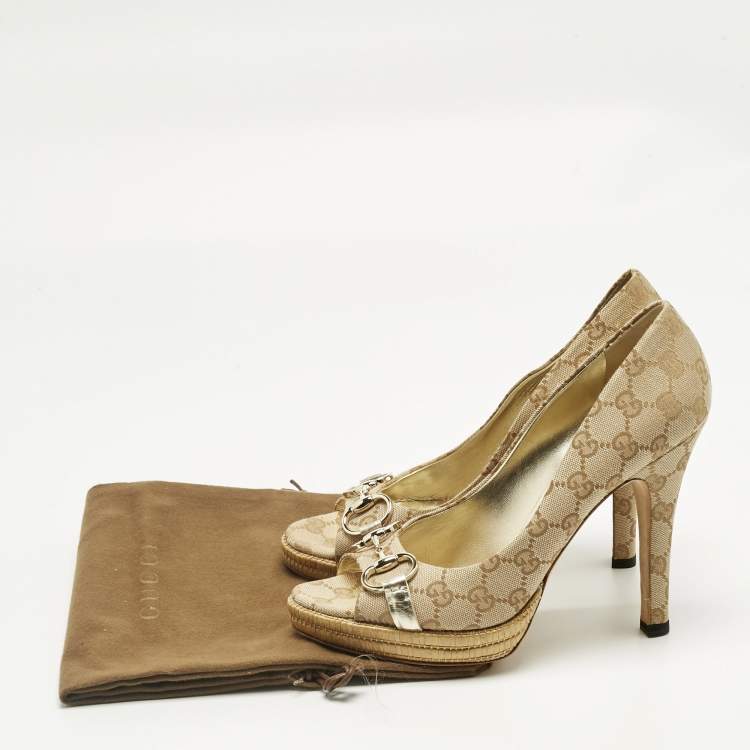 Pre Owned Gucci Beige Guccissima Canvas Horsebit Peep Toe Platform Pumps Size 40