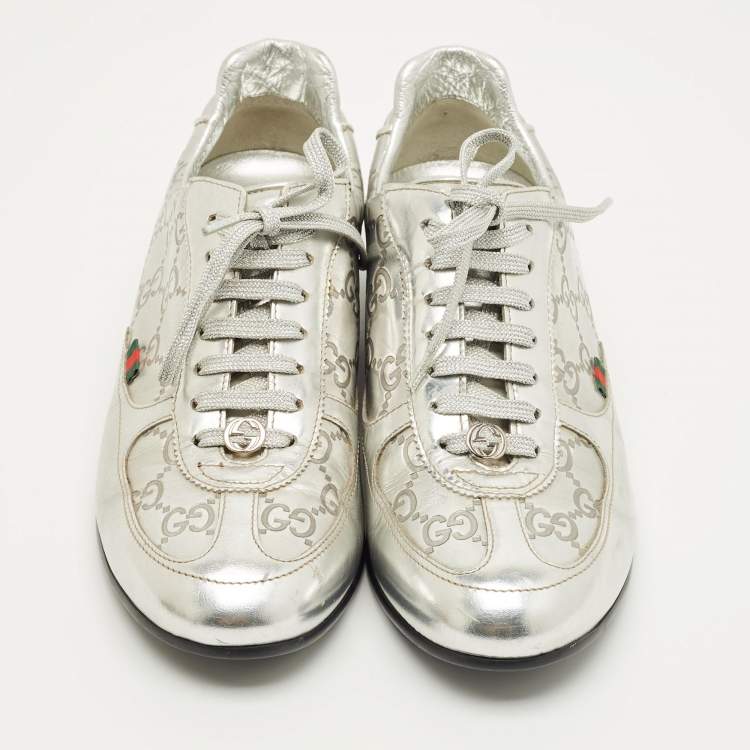 Pre Owned Gucci Silver Guccissima Leather Low Top Sneakers Size 37