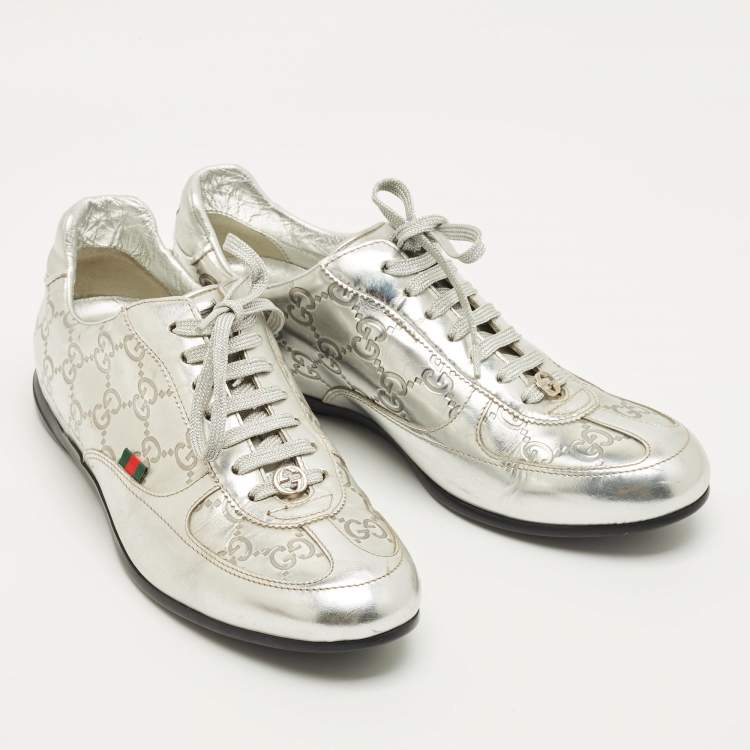 Pre Owned Gucci Silver Guccissima Leather Low Top Sneakers Size 37