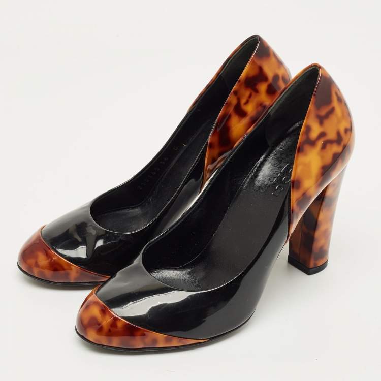 Pre Owned Gucci Brown/Black Patent Leather Block Heel Pumps Size 36