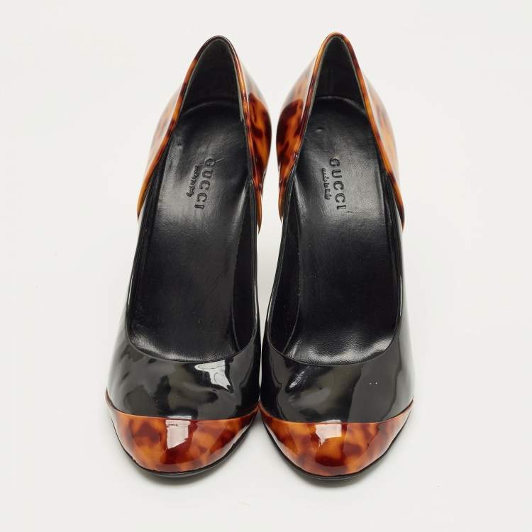 Pre Owned Gucci Brown/Black Patent Leather Block Heel Pumps Size 36