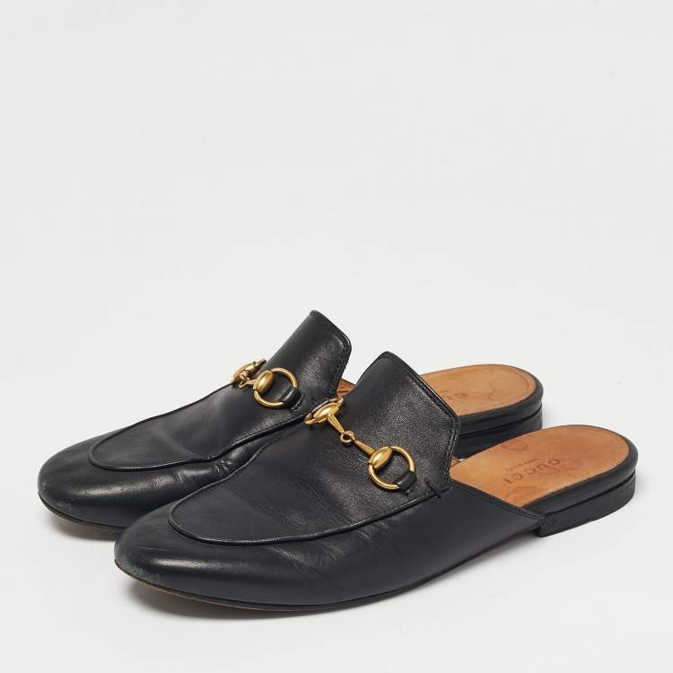 Pre Owned Gucci Black Leather Princetown Horsebit Flat Mules Size 36