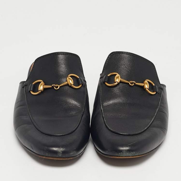Pre Owned Gucci Black Leather Princetown Horsebit Flat Mules Size 36