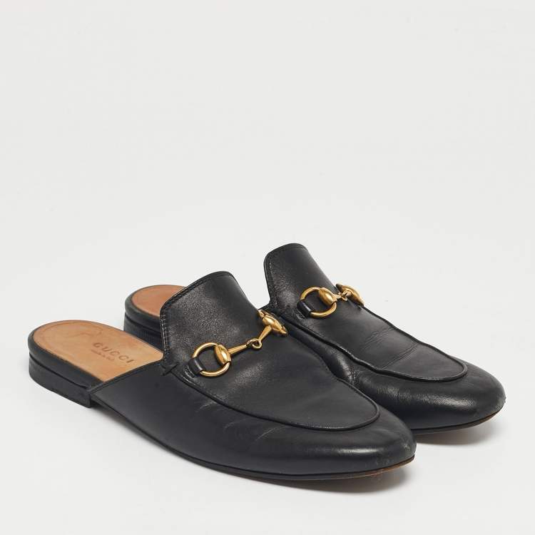 Pre Owned Gucci Black Leather Princetown Horsebit Flat Mules Size 36