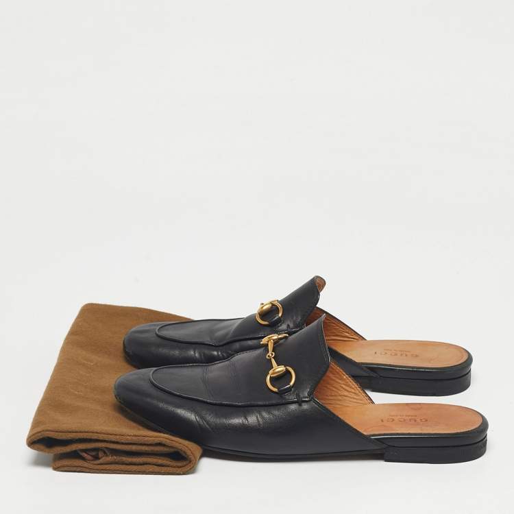 Pre Owned Gucci Black Leather Princetown Horsebit Flat Mules Size 36