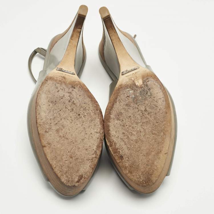Pre Owned Gucci Grey Leather Peep Toe Slingback Sandals Size 39