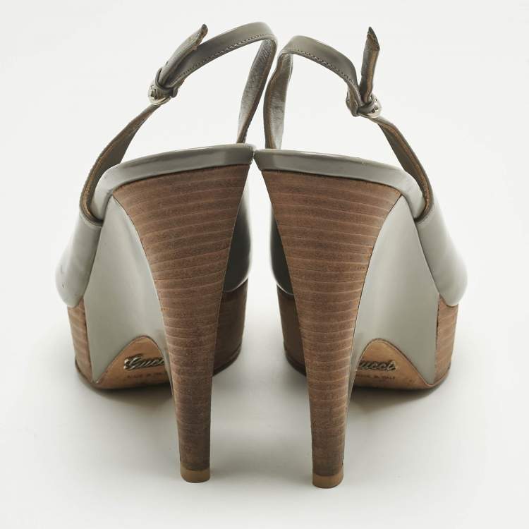 Pre Owned Gucci Grey Leather Peep Toe Slingback Sandals Size 39